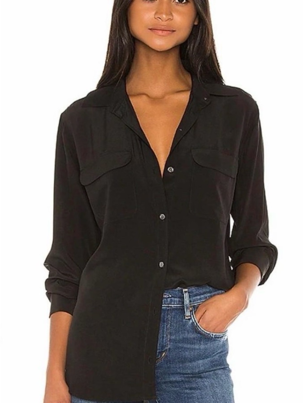 Equipment Femme Black Slim Signature 100% Silk Button Down Shirt S Front Pockets
